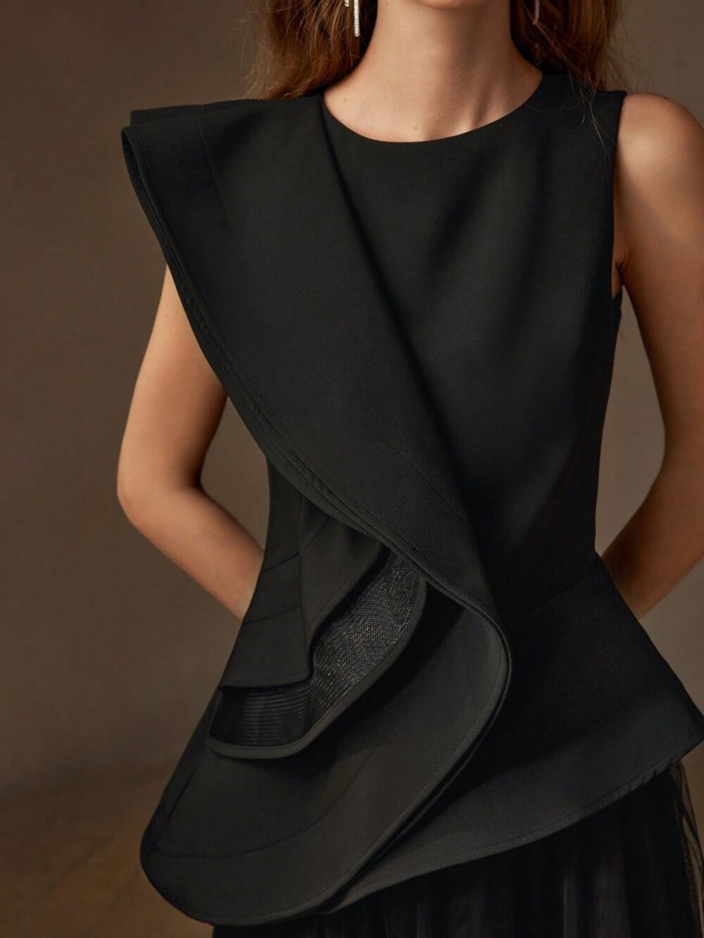 Black Elegant Women's Premium Layered Ruffle Trim Asymmetrical Hem Peplum Top - Picture 7 of 10